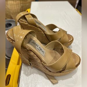 Jimmy Choo Nude Patent Leather Strappy Wedges